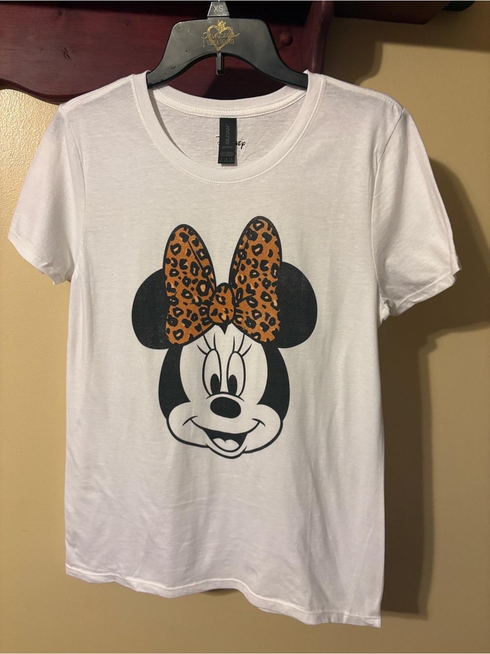 Disney Women's White Minnie Mouse Tee with Leopard Bow Medium